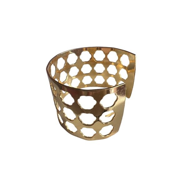 Gold Tone Bracelet Cut Out Bangle Statement Open - Picture 5 of 15
